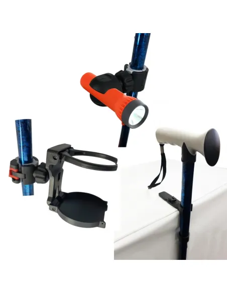 Accesorios 3 en 1 para Bastones o Muletillas: Soporte, Soporte Linterna y Soporte Botella o Lata