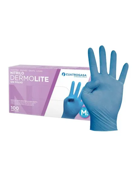 Guantes de Nitrilo Sin Polvo DERMOLITE Cuatrogasa · Caja 100 U Talla M