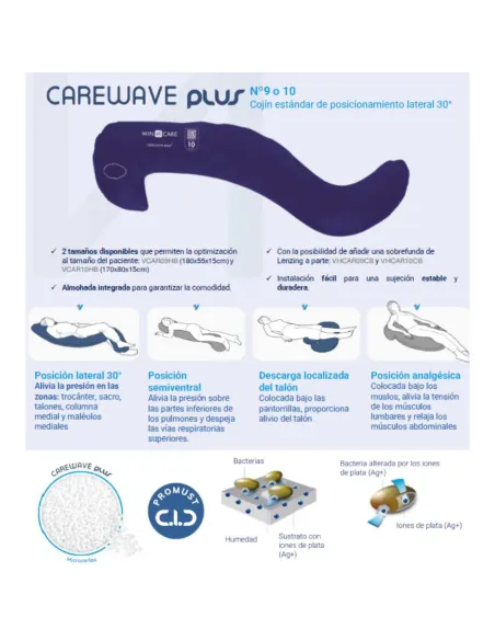 Cojín Posicionador Decúbito 30º CAREWAVE PLUS 10 o 9 con Funda Partículas de plata