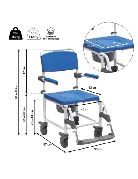 Silla de ducha y WC ASTON con Ruedas Regulable en Altura · Opcional Ruedas de 600 mm